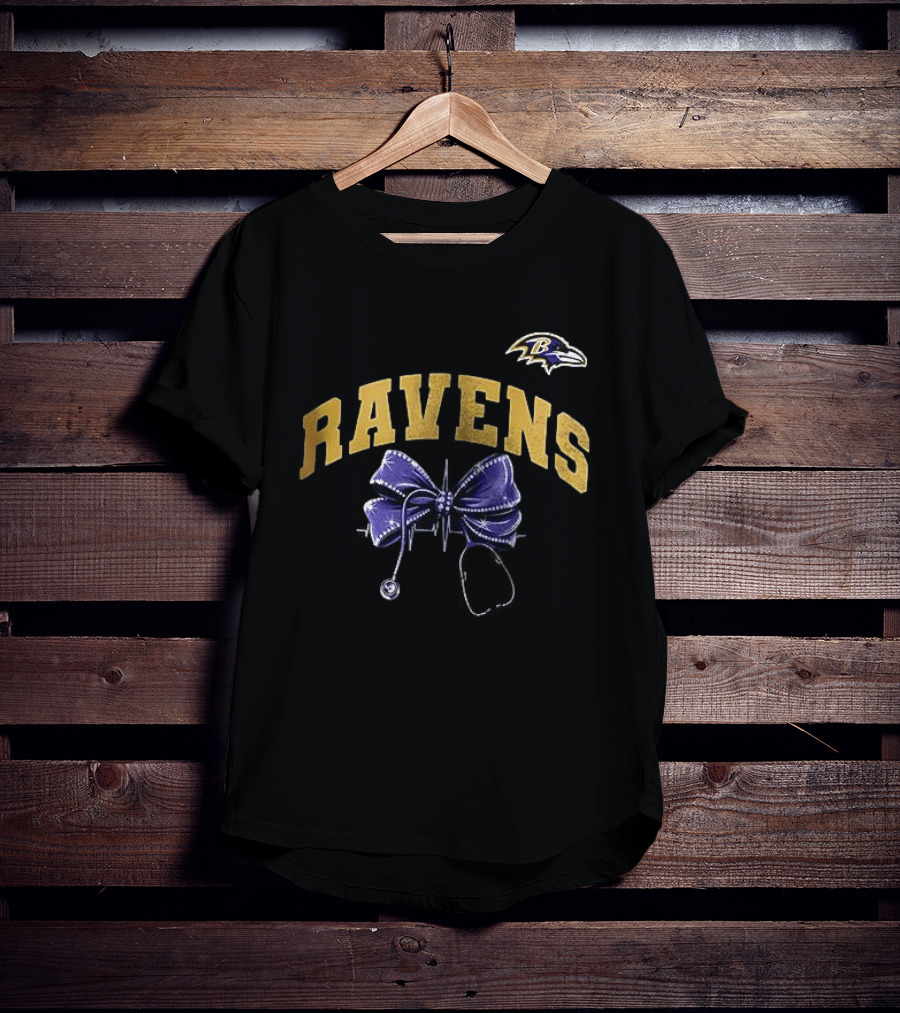 Baltimore Ravens Nurse By Heart By Soul Ravens Stethoscope Bow T-Shirt