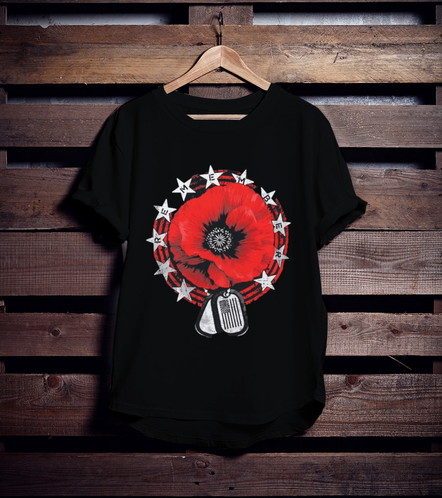 Remember Poppy 2026 American Flag Dog Tags Stars T-Shirt