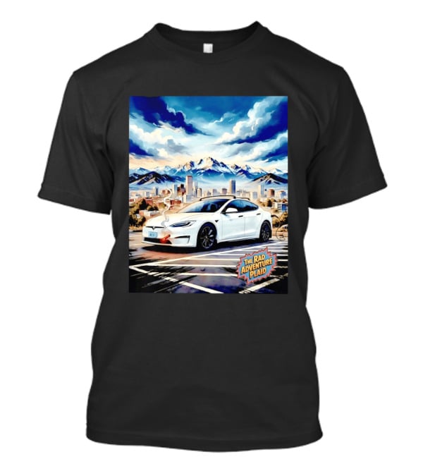 The Rad Adventure Plaid Electric Car Scenic Mountain Cityscape T-Shirt