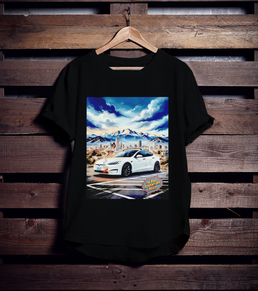 The Rad Adventure Plaid Electric Car Scenic Mountain Cityscape T-Shirt