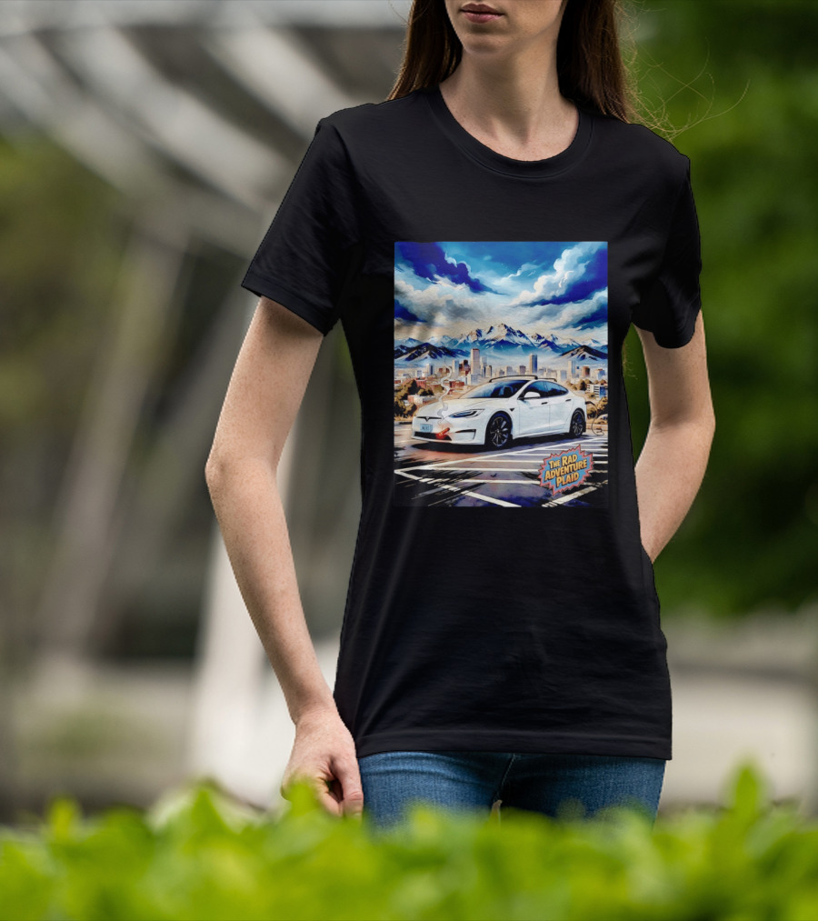The Rad Adventure Plaid Electric Car Scenic Mountain Cityscape T-Shirt