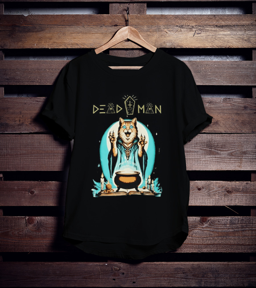 Wizard Cat Casting Spell With Cauldron And Candles Dead Man T-Shirt