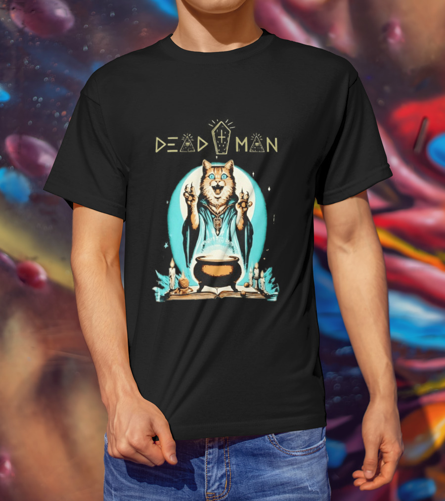 Wizard Cat Casting Spell With Cauldron And Candles Dead Man T-Shirt