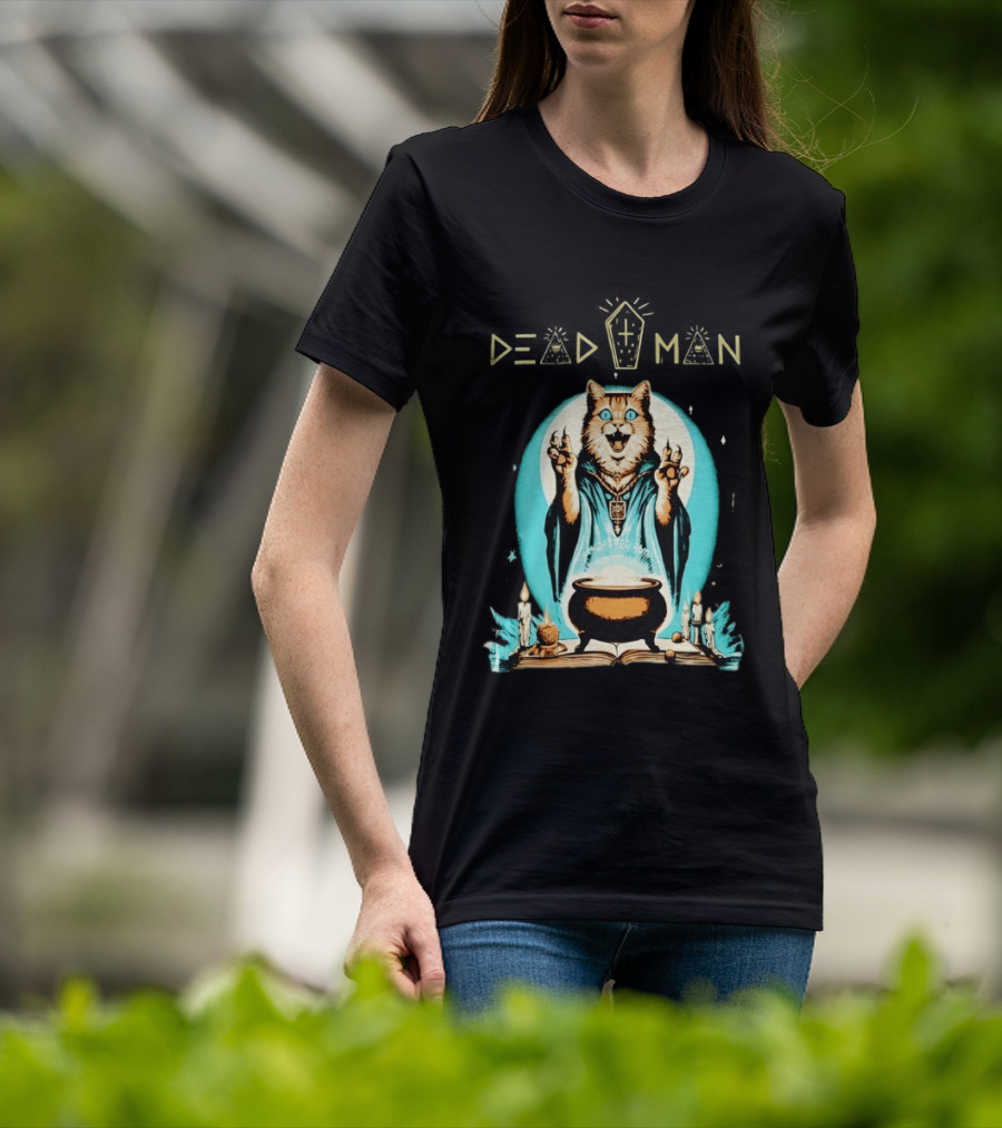 Wizard Cat Casting Spell With Cauldron And Candles Dead Man T-Shirt