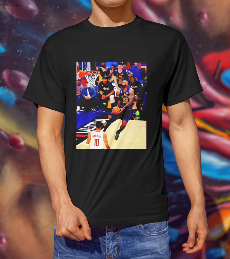 LeBron James Los Angeles Lakers Dunking Action Photo T-Shirt