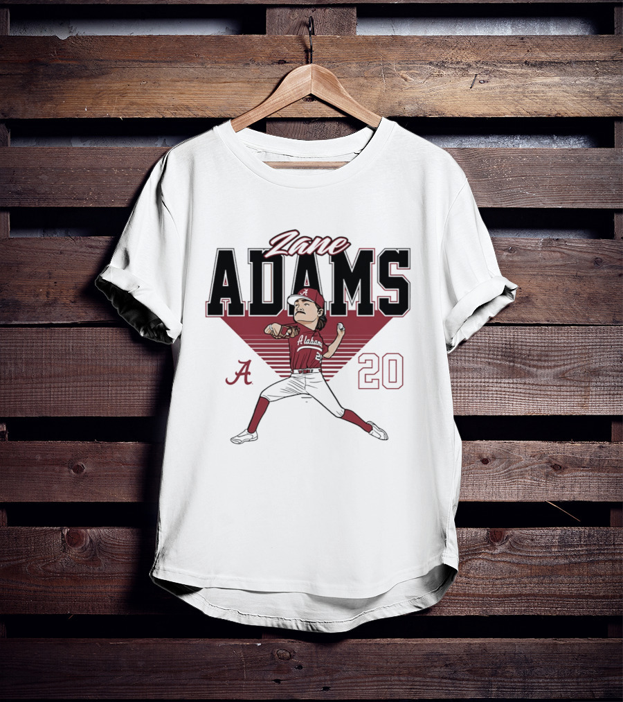 Zane Adams 20 Alabama Crimson Tide Baseball Caricature Player Pitching T-Shirt