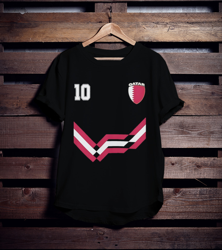 Akram Afif Qatar 10 Soccer Badge Red Chevron T-Shirt