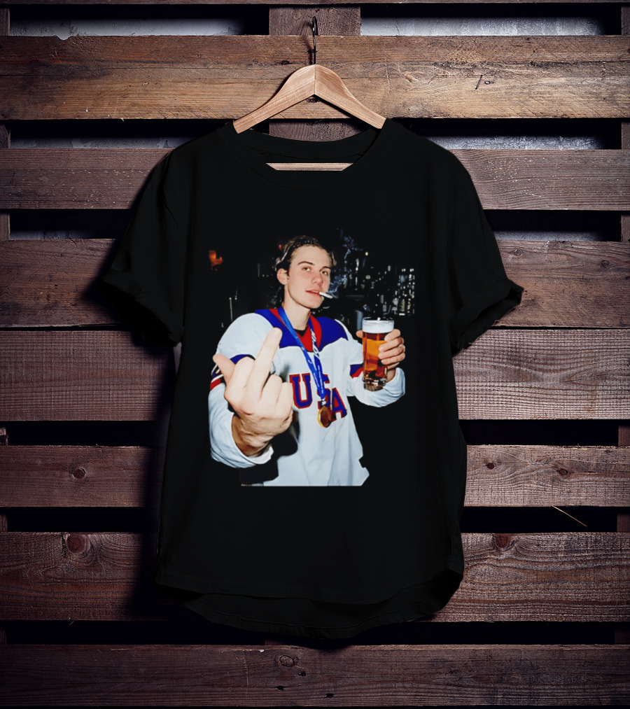 USA Hockey Player Victory Celebration Smoking Beer Middle Finger T-Shirt