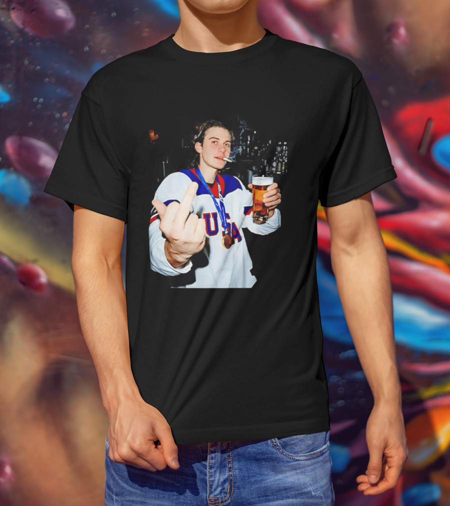 USA Hockey Player Victory Celebration Smoking Beer Middle Finger T-Shirt