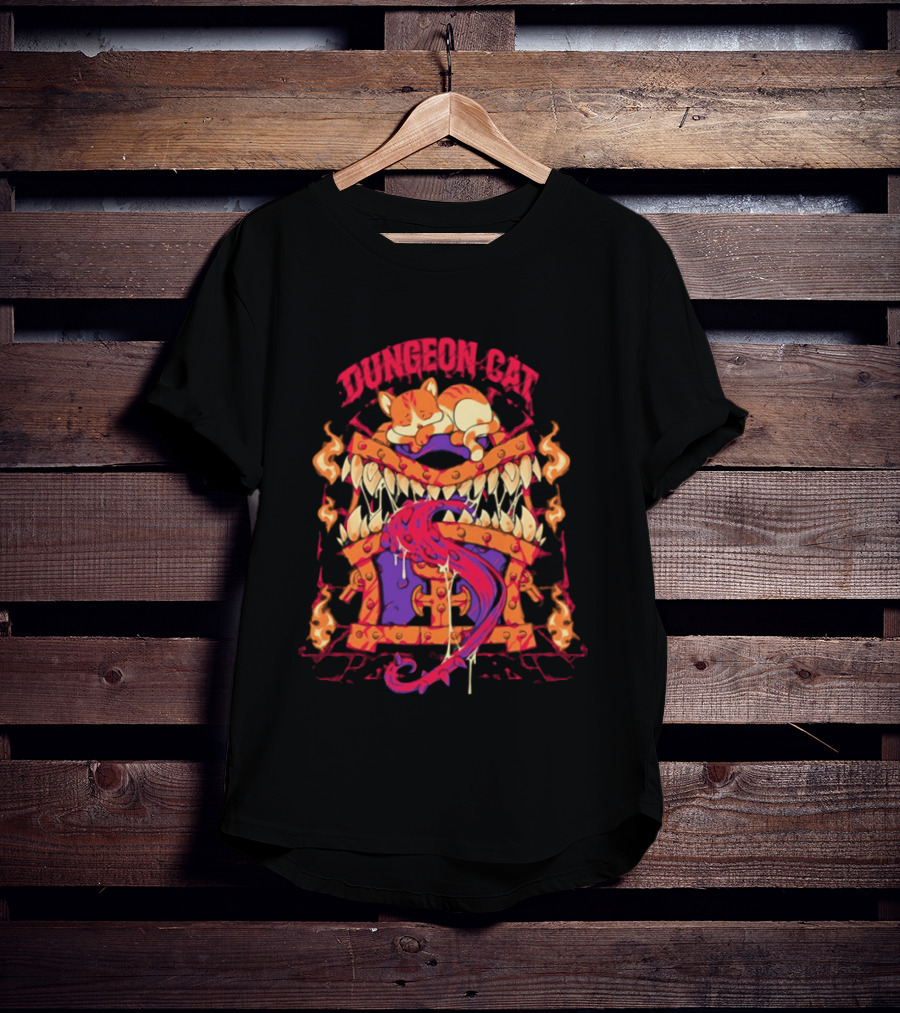 Dungeon Cat Sleeping On Monstrous Chest Surrounded By Flames And Tentacles T-Shirt