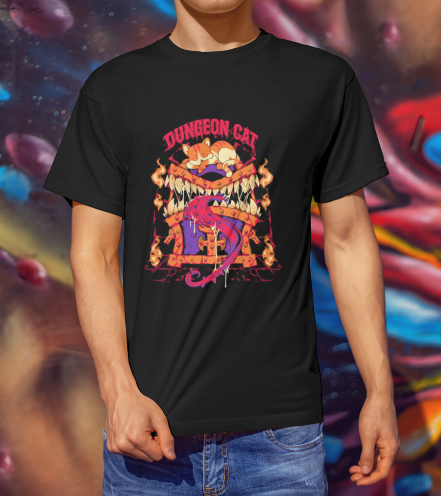 Dungeon Cat Sleeping On Monstrous Chest Surrounded By Flames And Tentacles T-Shirt