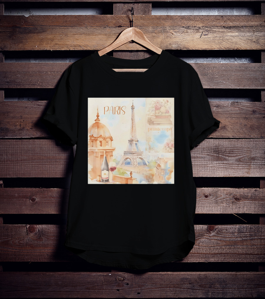 Paris Printemps Eiffel Tower Wine Flowers Books T-Shirt