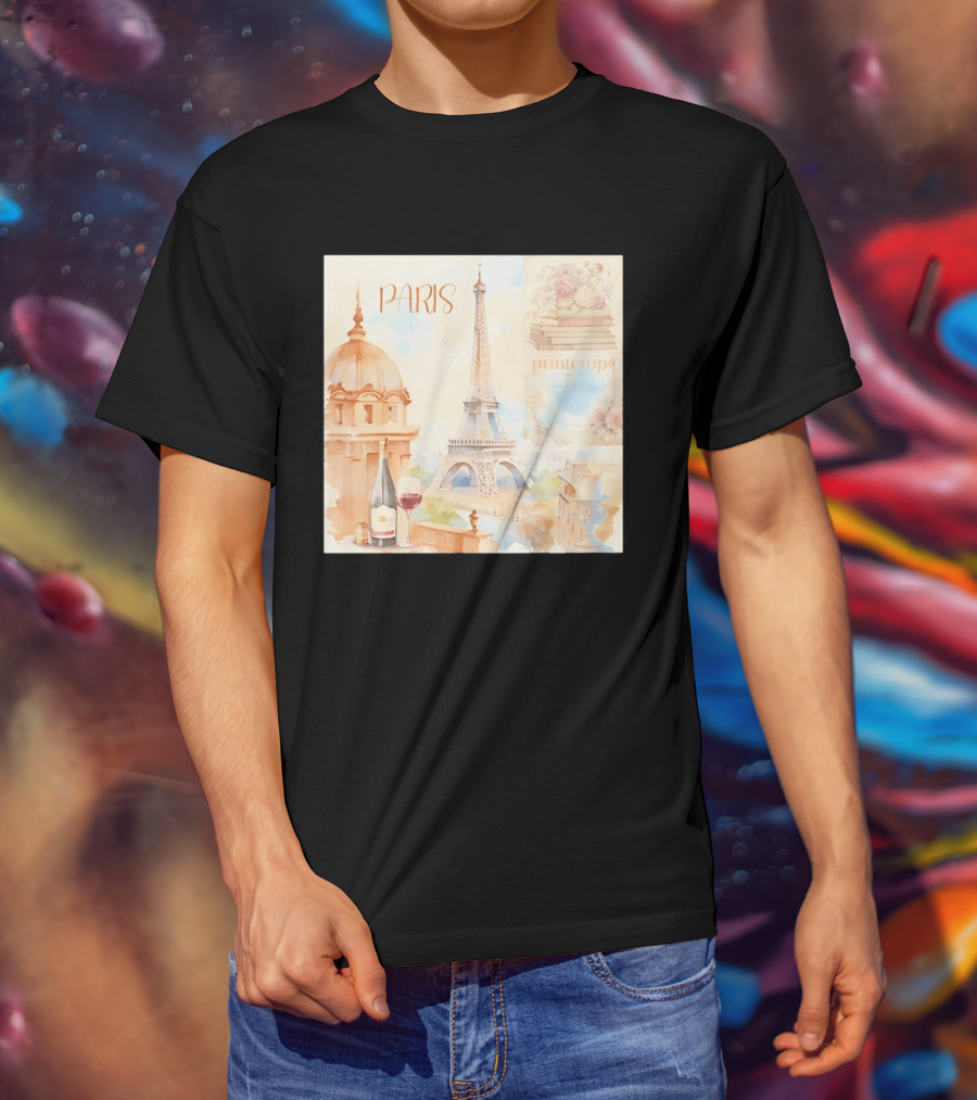 Paris Printemps Eiffel Tower Wine Flowers Books T-Shirt