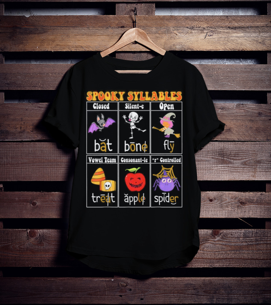Spooky Syllables Bat Bone Fly Trick Treat Apple Spider Halloween Educational Teacher T-Shirt