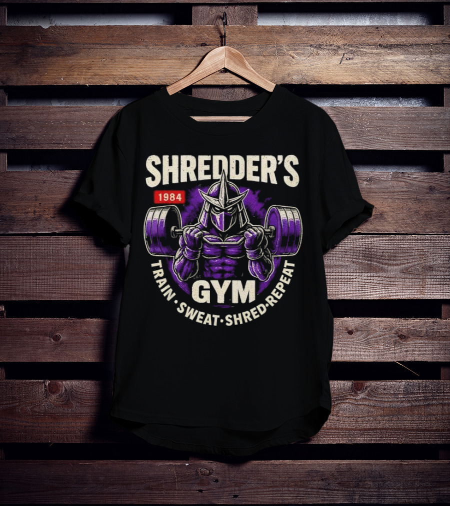Shredder's 1984 Gym Train Sweat Shred Repeat Ninja Warrior Fitness T-Shirt