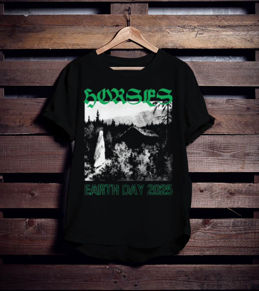 Horses Earth Day 2025 Ghostly Forest Cabin Scene T-Shirt