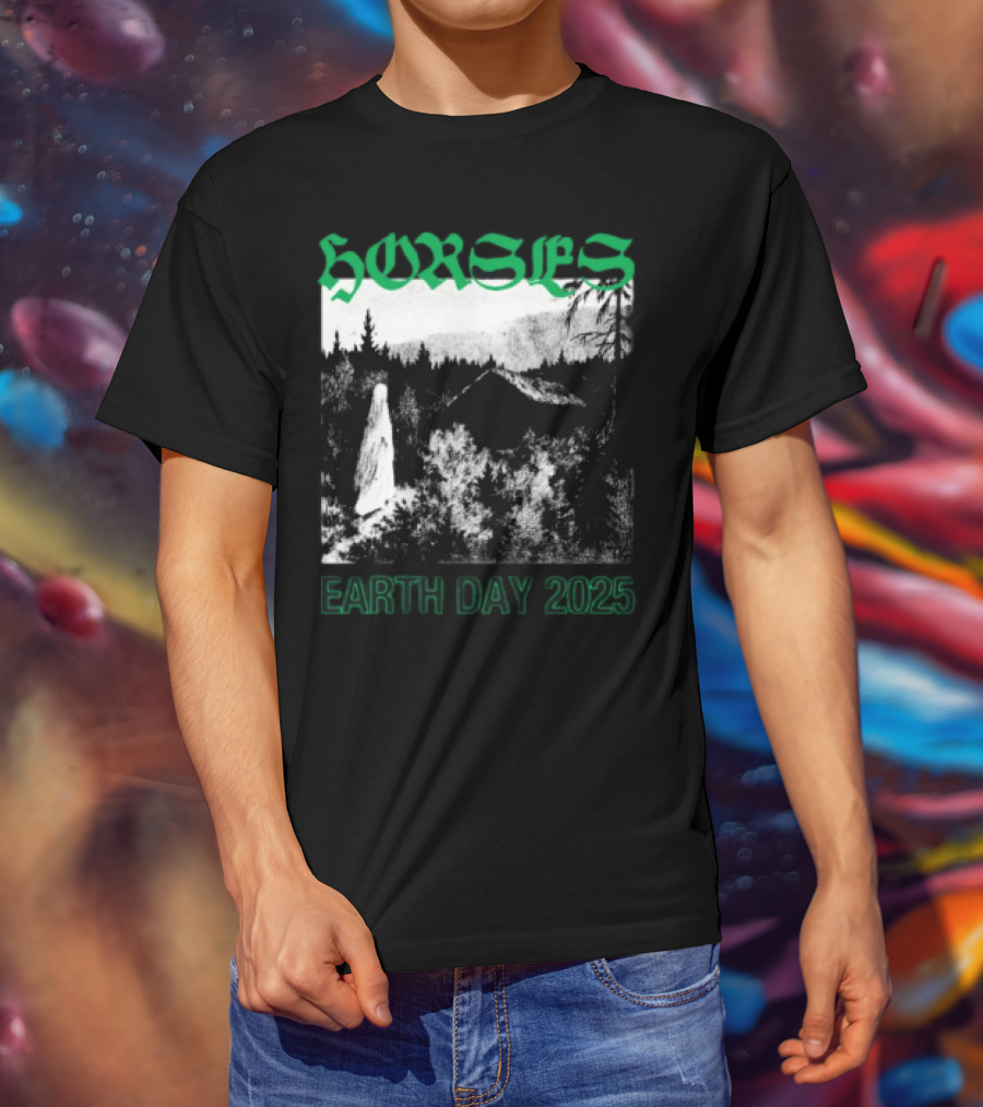 Horses Earth Day 2025 Ghostly Forest Cabin Scene T-Shirt