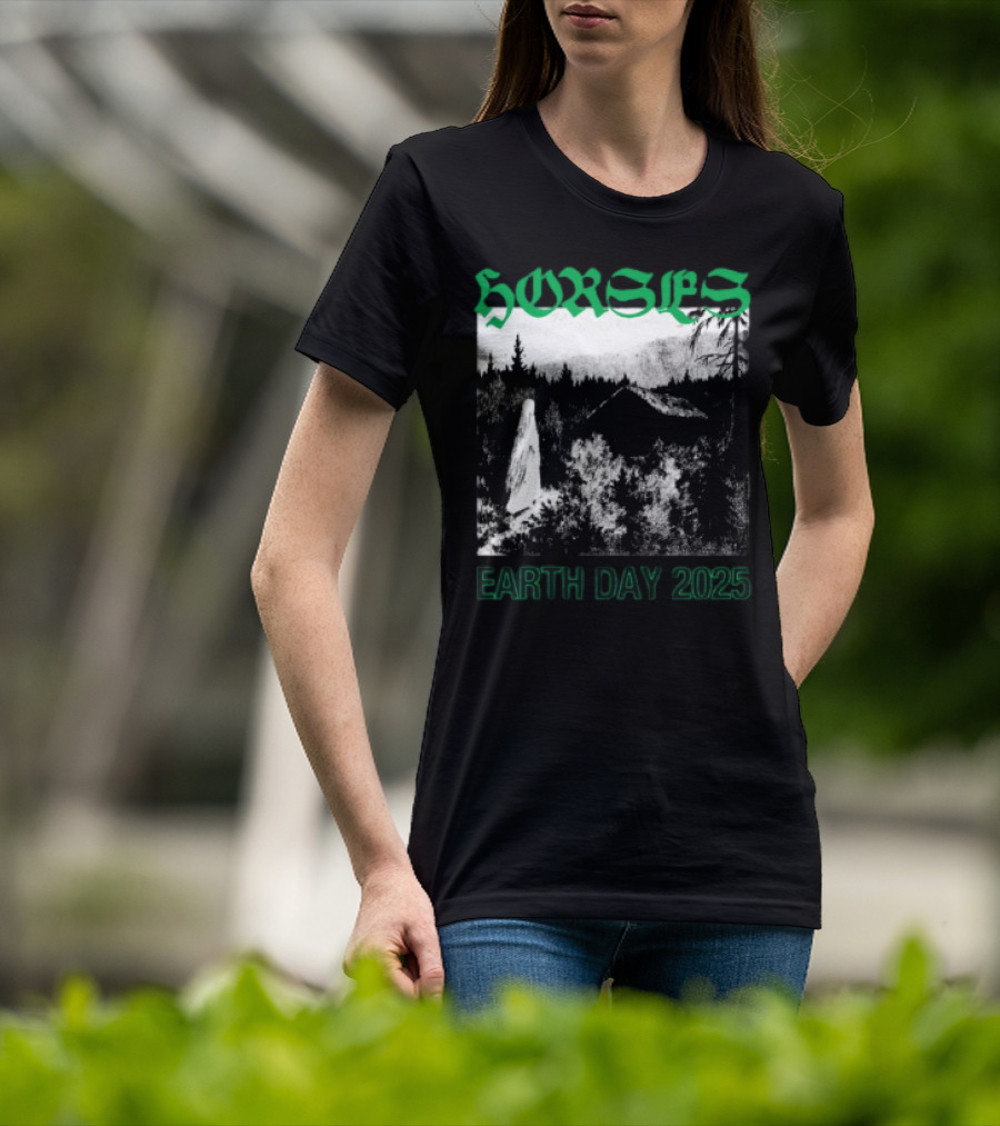 Horses Earth Day 2025 Ghostly Forest Cabin Scene T-Shirt