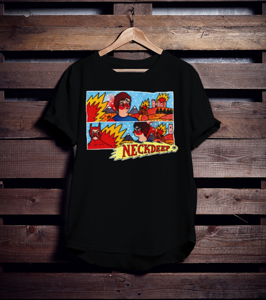 Neck Deep 10 Year Anniversary Comic Style Superhero Scene T-Shirt