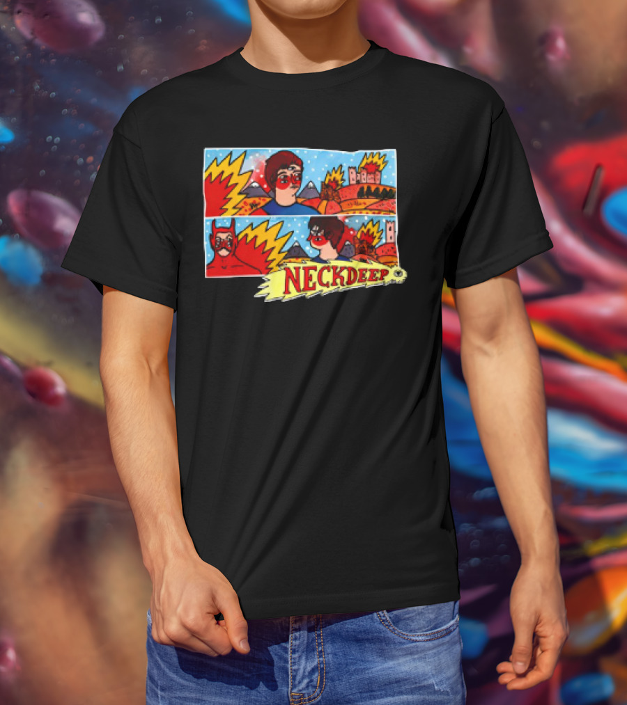 Neck Deep 10 Year Anniversary Comic Style Superhero Scene T-Shirt