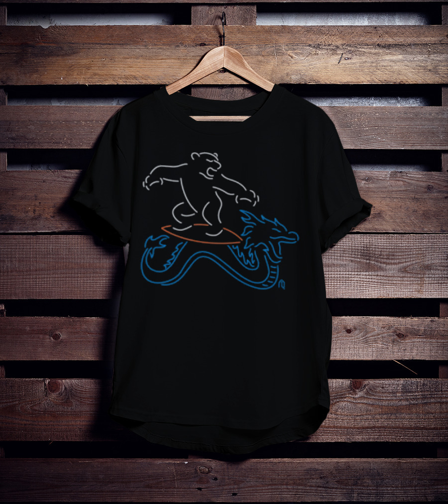 Polar Bear Surfing Neon Waves On Dragon Surfboard T-Shirt