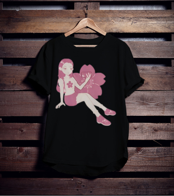 Mandys Brown Anime Style Girl Sakura Blossom Pattern T-Shirt