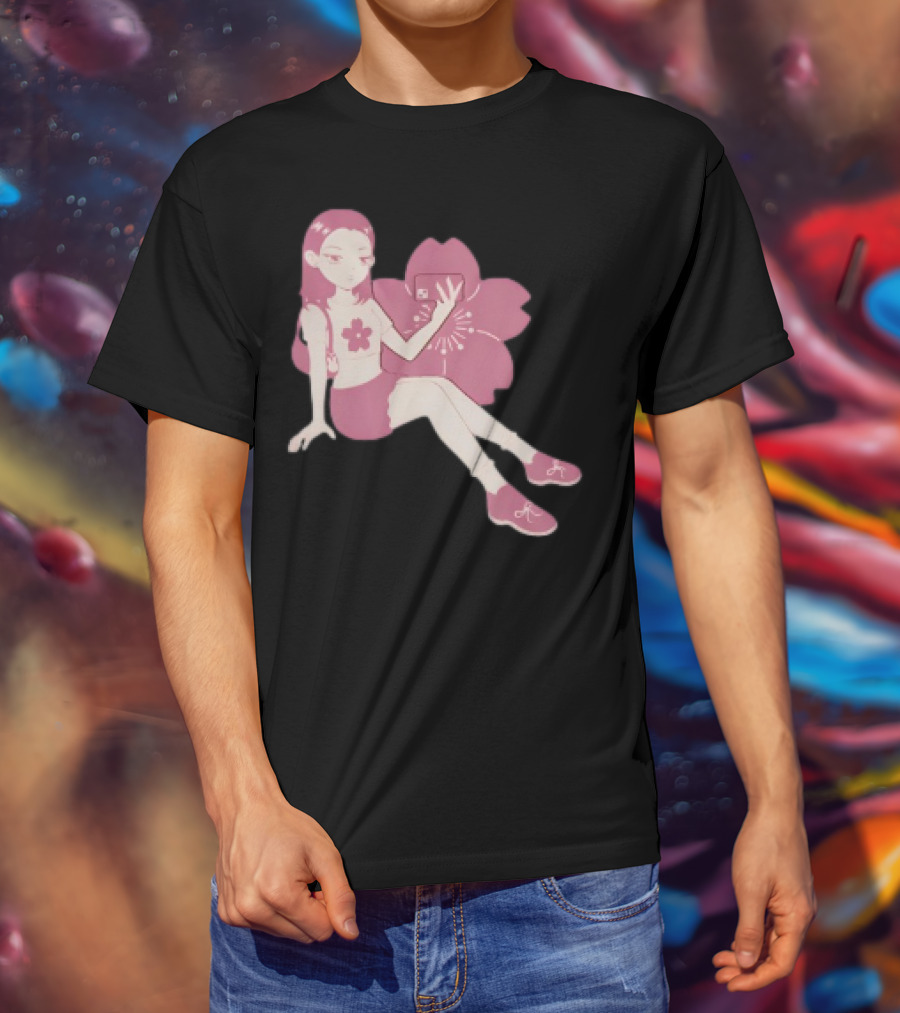 Mandys Brown Anime Style Girl Sakura Blossom Pattern T-Shirt