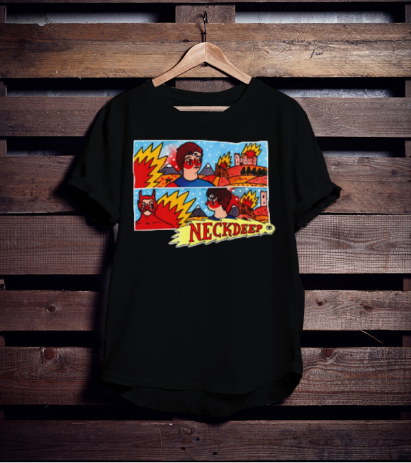 Neck Deep Lnotgy 10 Year Anniversary Cartoon Castle And Superhero Comic Style T-Shirt