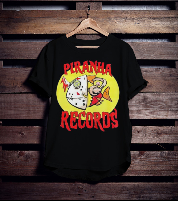Piranha Records Cartoon Fish Bite Graphic T-Shirt