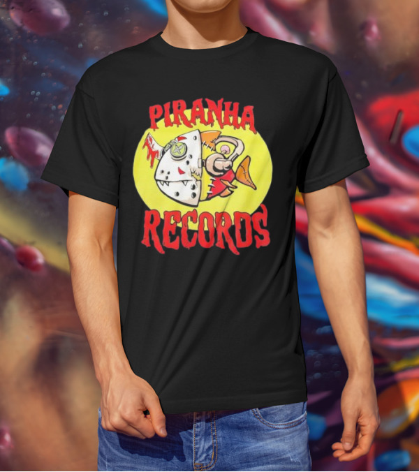 Piranha Records Cartoon Fish Bite Graphic T-Shirt