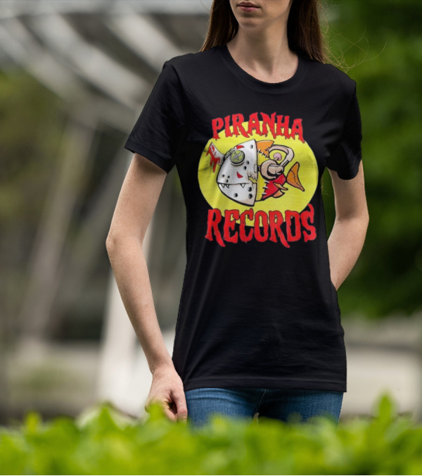 Piranha Records Cartoon Fish Bite Graphic T-Shirt