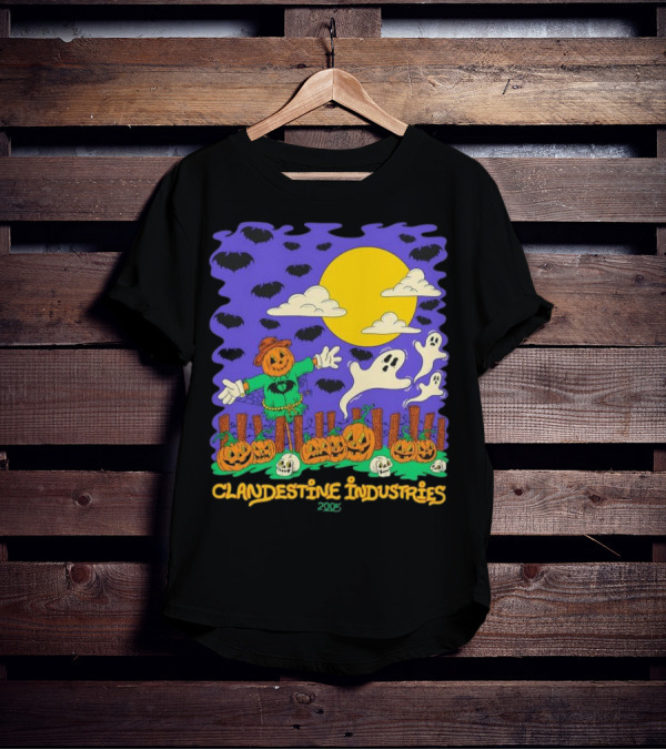 Clandestine Industries 2005 Halloween Scarecrow Ghosts Pumpkins Bats T-Shirt