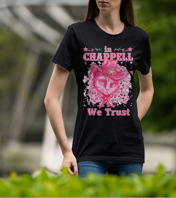 Cute Retro Cat In Chappell We Trust Cowboy Hat Pink Stars T-Shirt