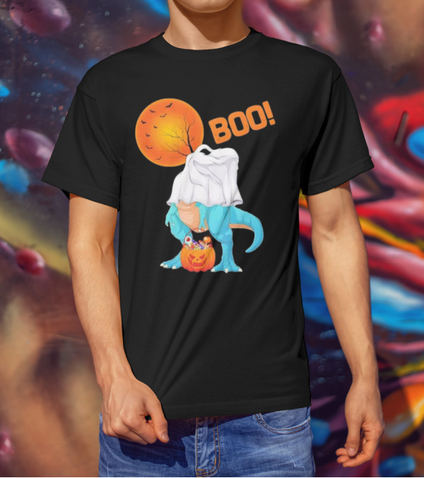 Ghost Dinosaur Rex Boo Halloween Pumpkin Boys Men T-Shirt