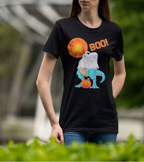 Ghost Dinosaur Rex Boo Halloween Pumpkin Boys Men T-Shirt