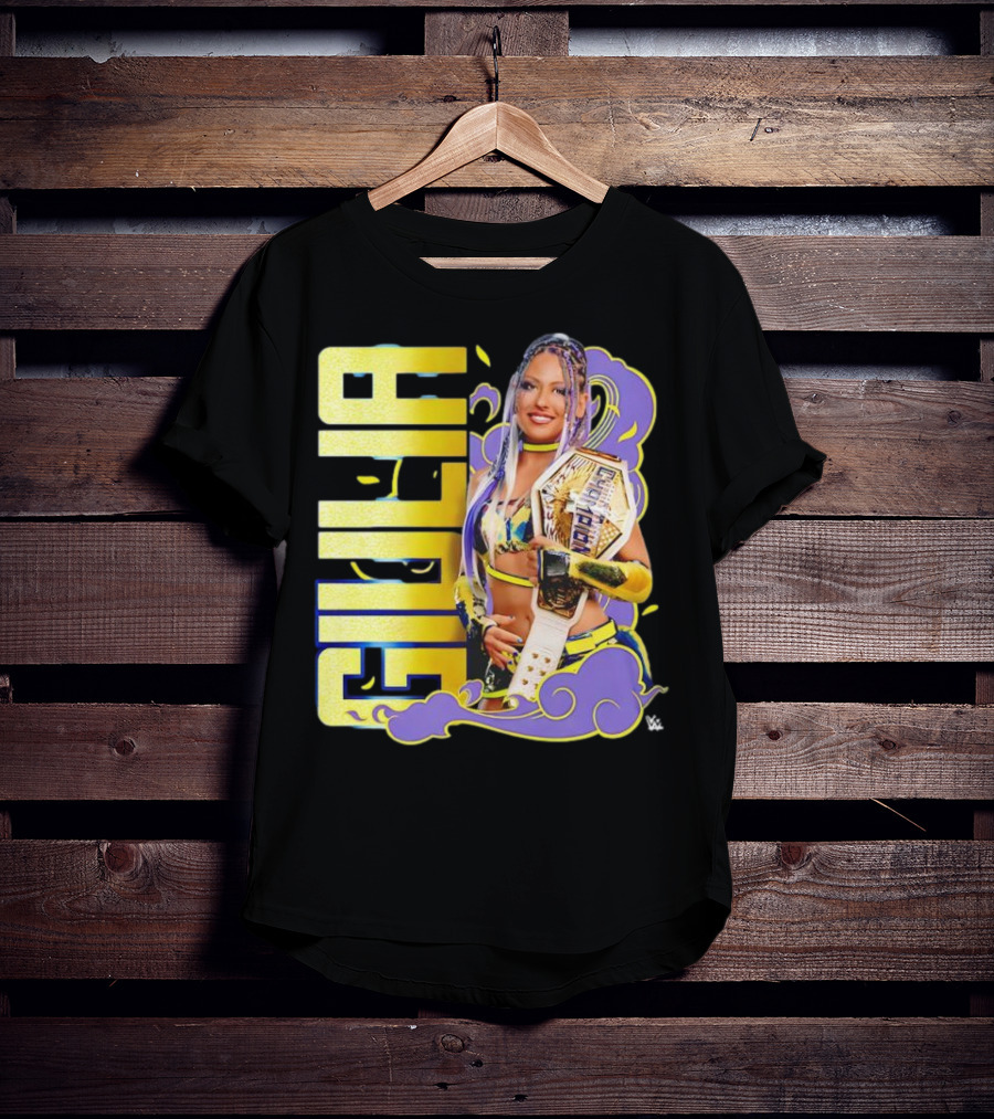 Giulia Smoke Champion Wrestling Character With Belt And Yellow Purple Accents T-Shirt