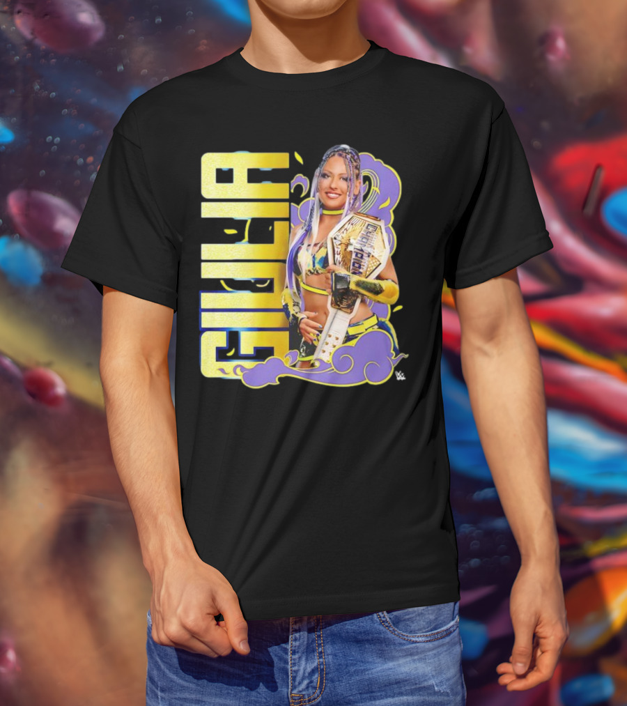 Giulia Smoke Champion Wrestling Character With Belt And Yellow Purple Accents T-Shirt