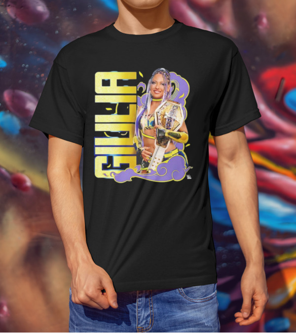 Giulia Smoke Champion Wrestling Character With Belt And Yellow Purple Accents T-Shirt