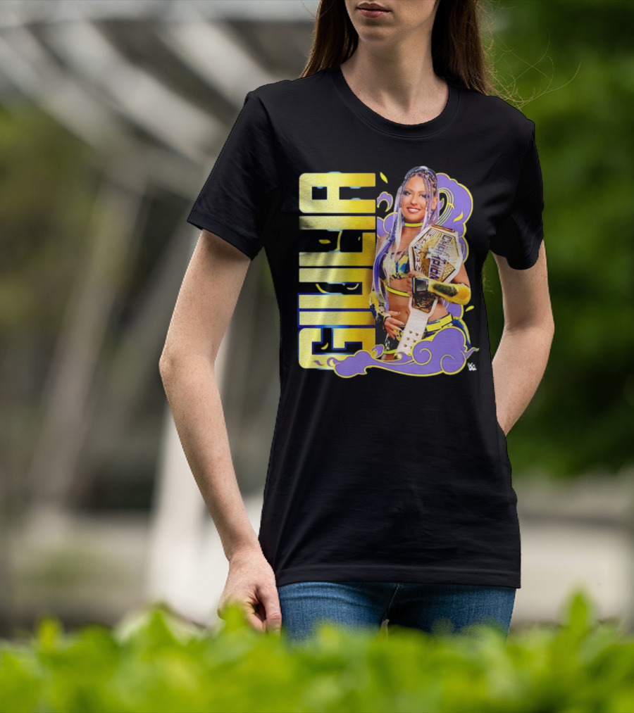 Giulia Smoke Champion Wrestling Character With Belt And Yellow Purple Accents T-Shirt