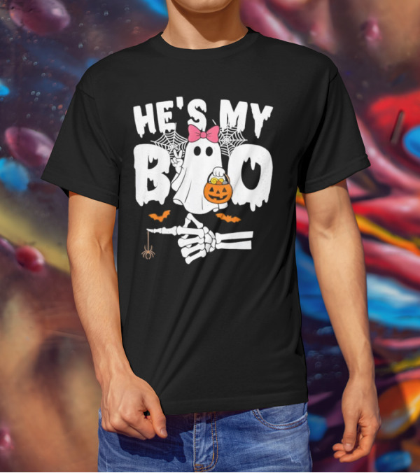 He’s My Boo Pink Bow Ghost With Pumpkin Candy Basket And Skeleton Hand Halloween T-Shirt