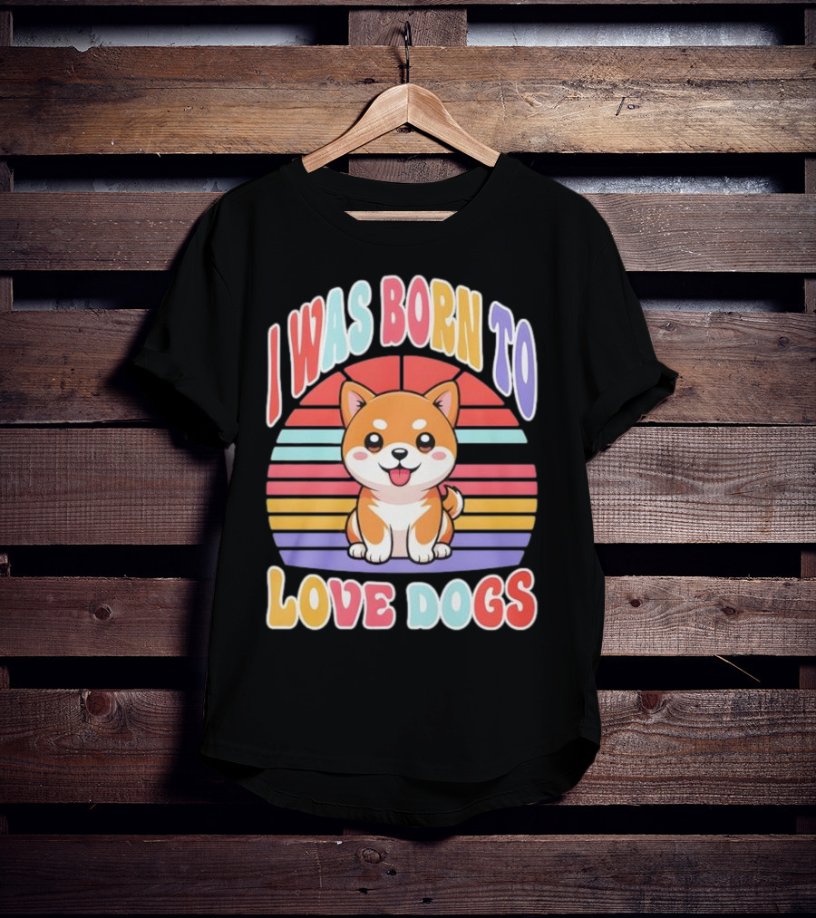 I Was Born To Love Dogs Cute Cartoon Shiba Inu Rainbow Colors T-Shirt