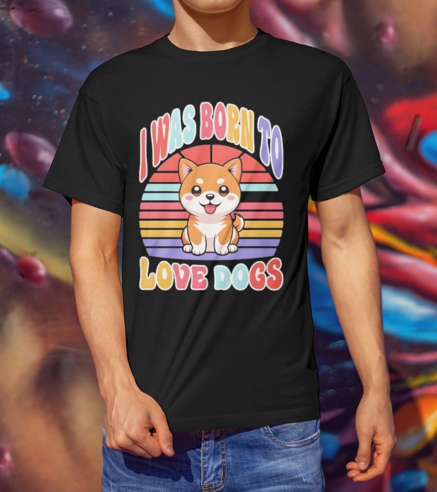 I Was Born To Love Dogs Cute Cartoon Shiba Inu Rainbow Colors T-Shirt