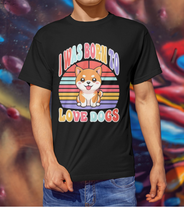 I Was Born To Love Dogs Cute Cartoon Shiba Inu Rainbow Colors T-Shirt