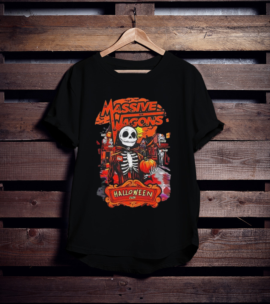 Massive Wagons Halloween 2023 Skeleton Pumpkin Spooky Street Scene T-Shirt