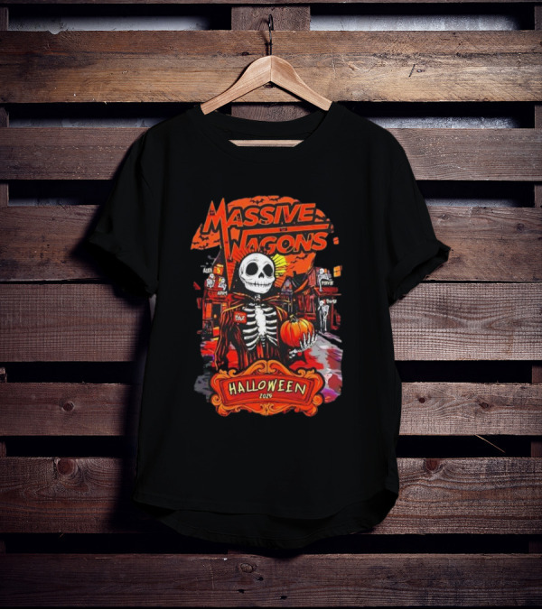 Massive Wagons Halloween 2023 Skeleton Pumpkin Spooky Street Scene T-Shirt