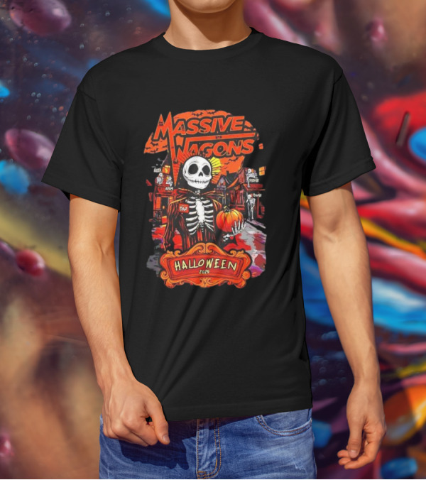 Massive Wagons Halloween 2023 Skeleton Pumpkin Spooky Street Scene T-Shirt