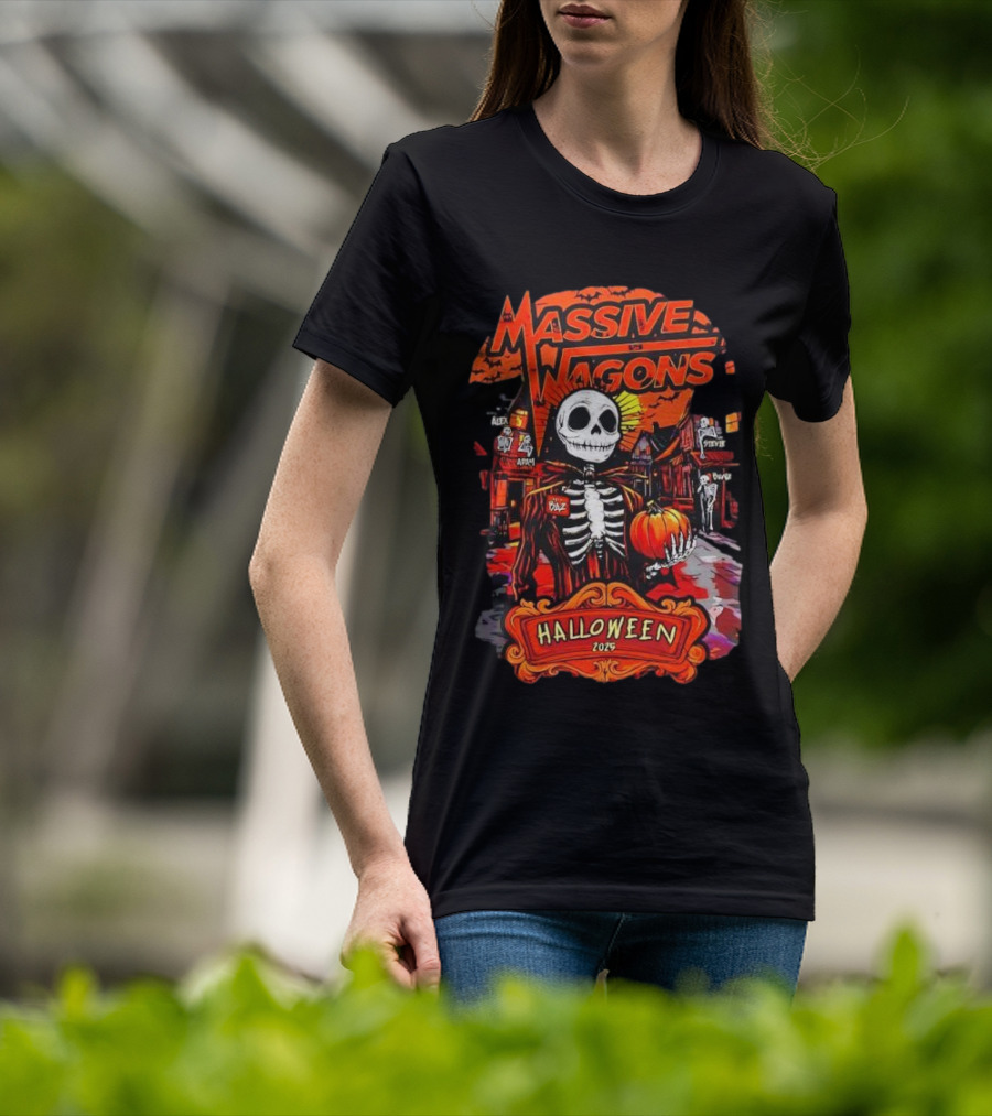 Massive Wagons Halloween 2023 Skeleton Pumpkin Spooky Street Scene T-Shirt