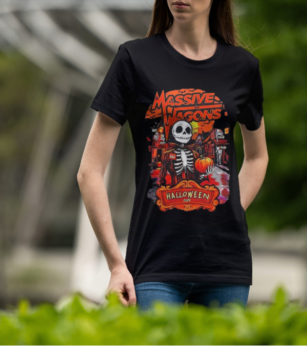 Massive Wagons Halloween 2023 Skeleton Pumpkin Spooky Street Scene T-Shirt