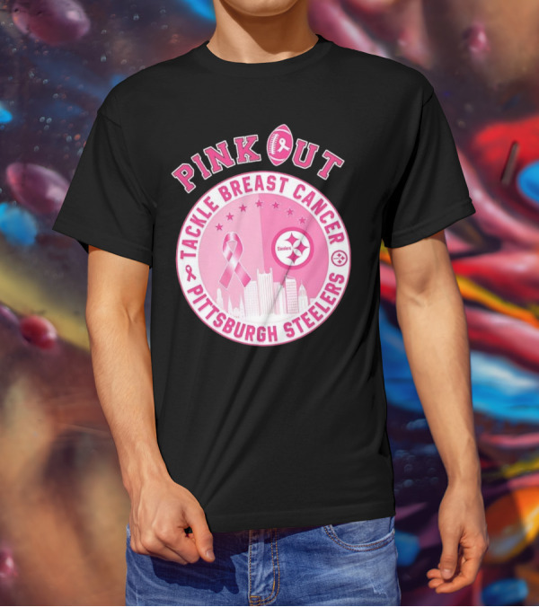 Pink Out Tackle Breast Cancer Pittsburgh Steelers Ribbon Awareness T-Shirt
