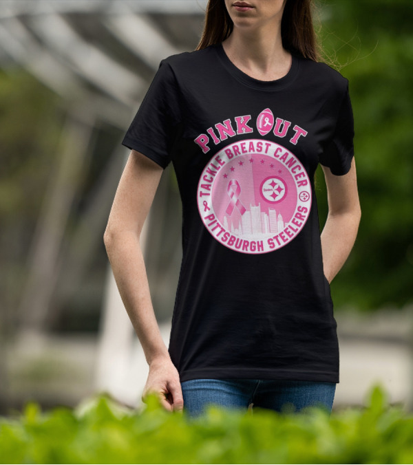 Pink Out Tackle Breast Cancer Pittsburgh Steelers Ribbon Awareness T-Shirt